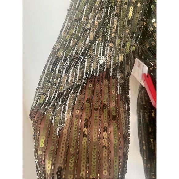 Mac Duggal LONG SLEEVE SEQUINED MINI DRESS Olive Green New - Picture 7 of 8